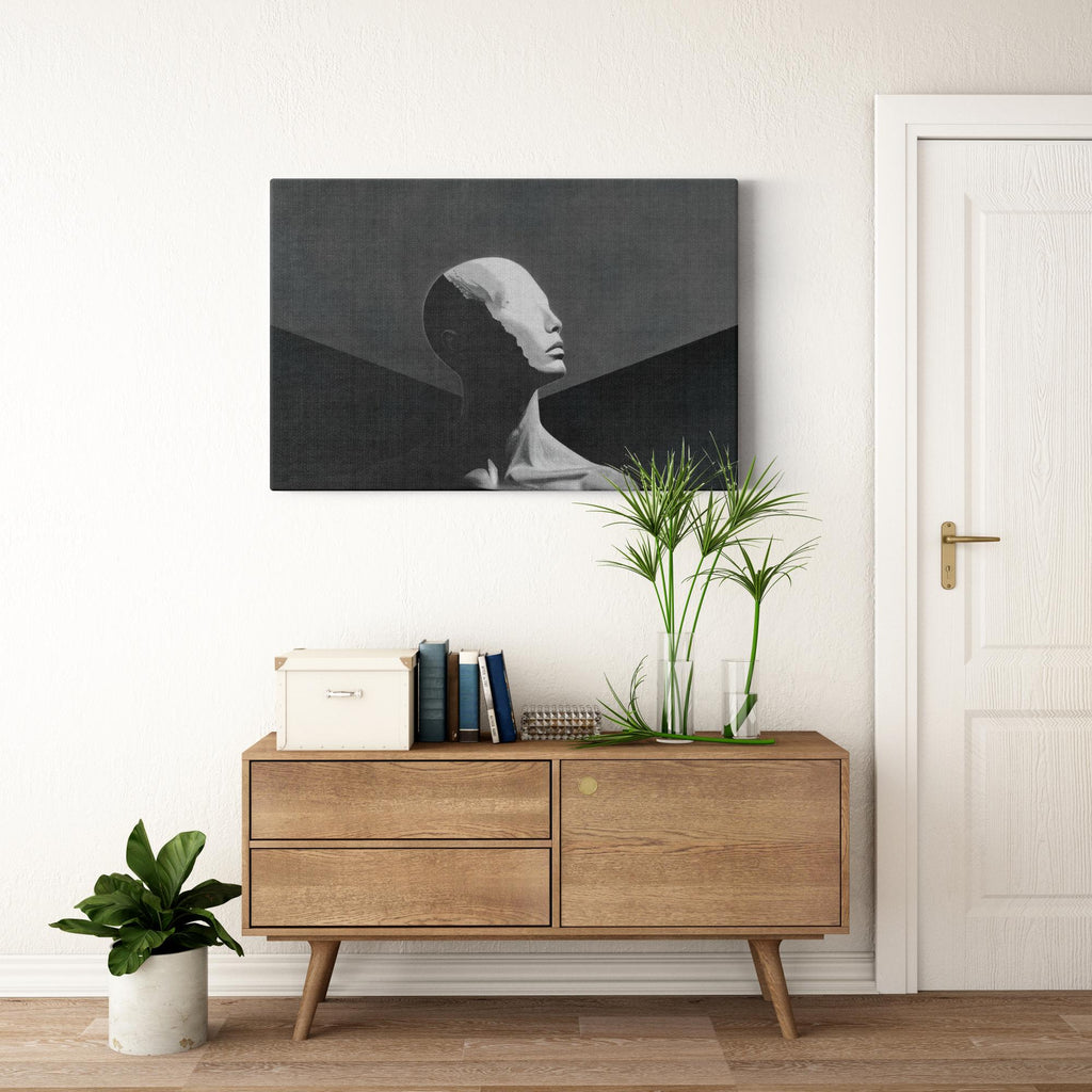 Mount Human print above wooden credenza in bright contemporary interior