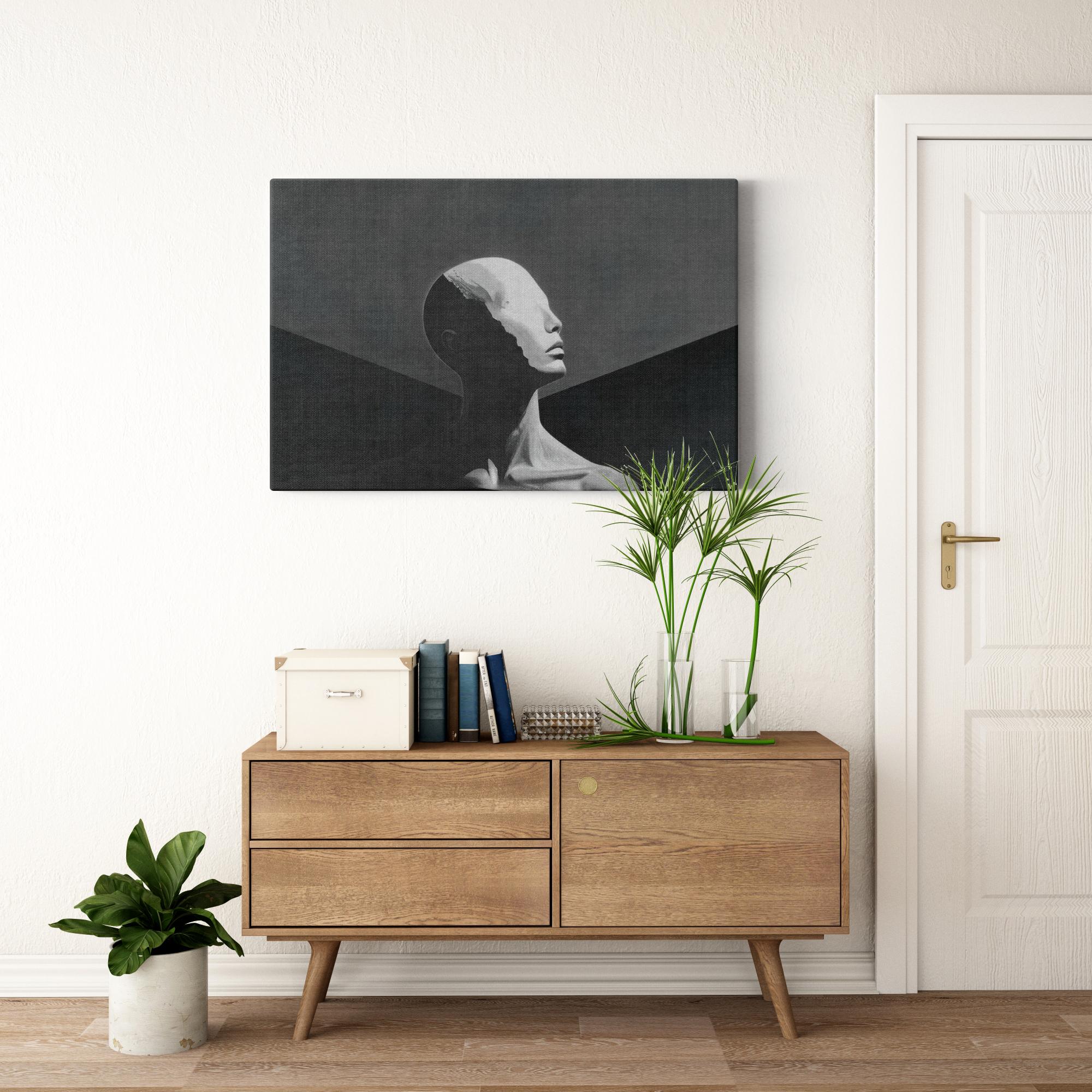 Mount Human print above wooden credenza in bright contemporary interior