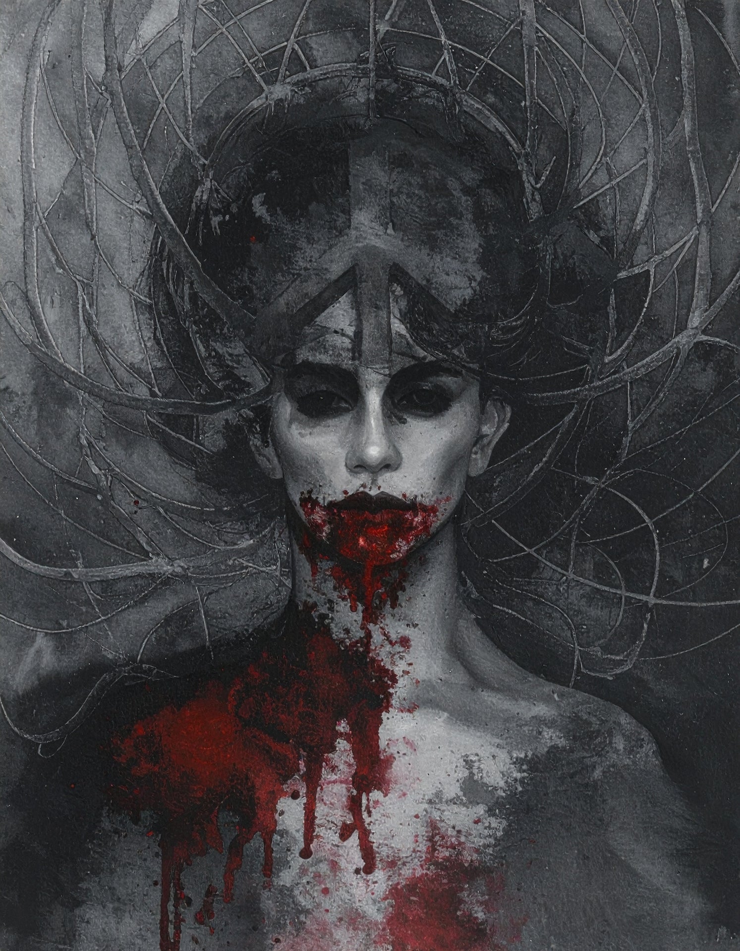 Woman with peace symbol embedded in forehead and red marking - dark symbolic art print about sacrifice