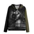 Crazed skull with manic grin and olive sleeves on black statement hoodie with dark humor dating theme