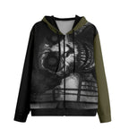Crazed skull with manic grin and olive sleeves on black statement hoodie with dark humor dating theme