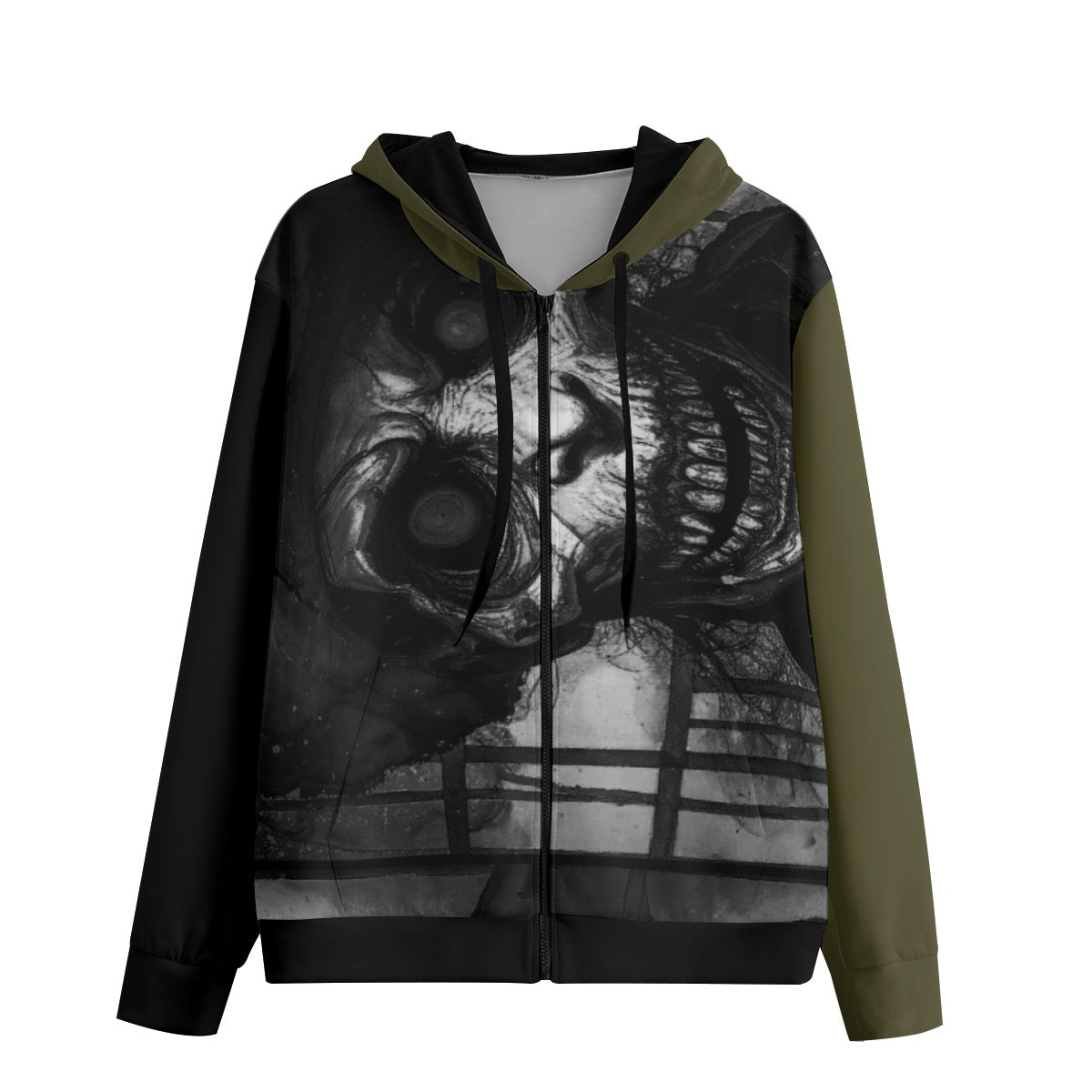 Crazed skull with manic grin and olive sleeves on black statement hoodie with dark humor dating theme