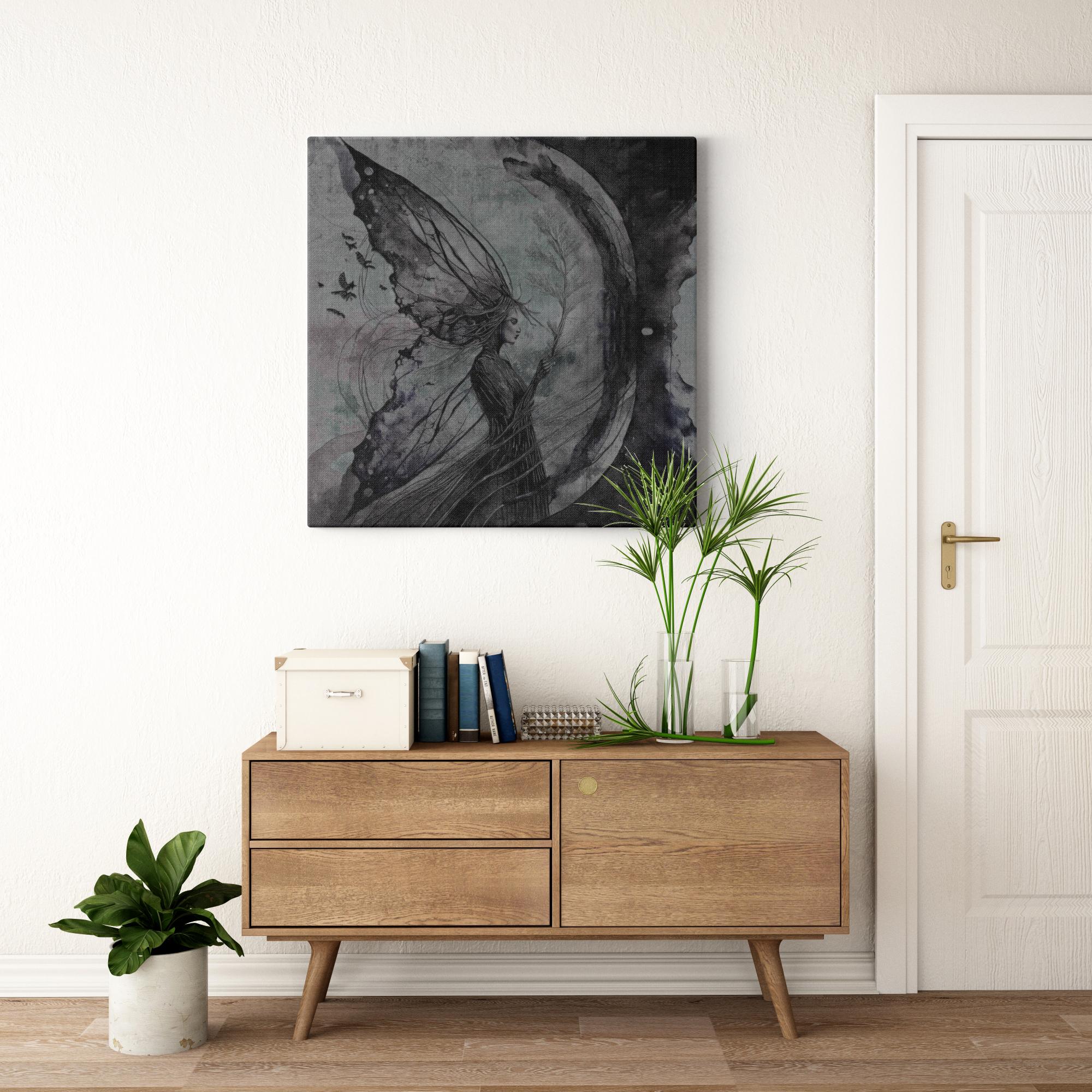 Dark fantasy wall art canvas displayed above a console