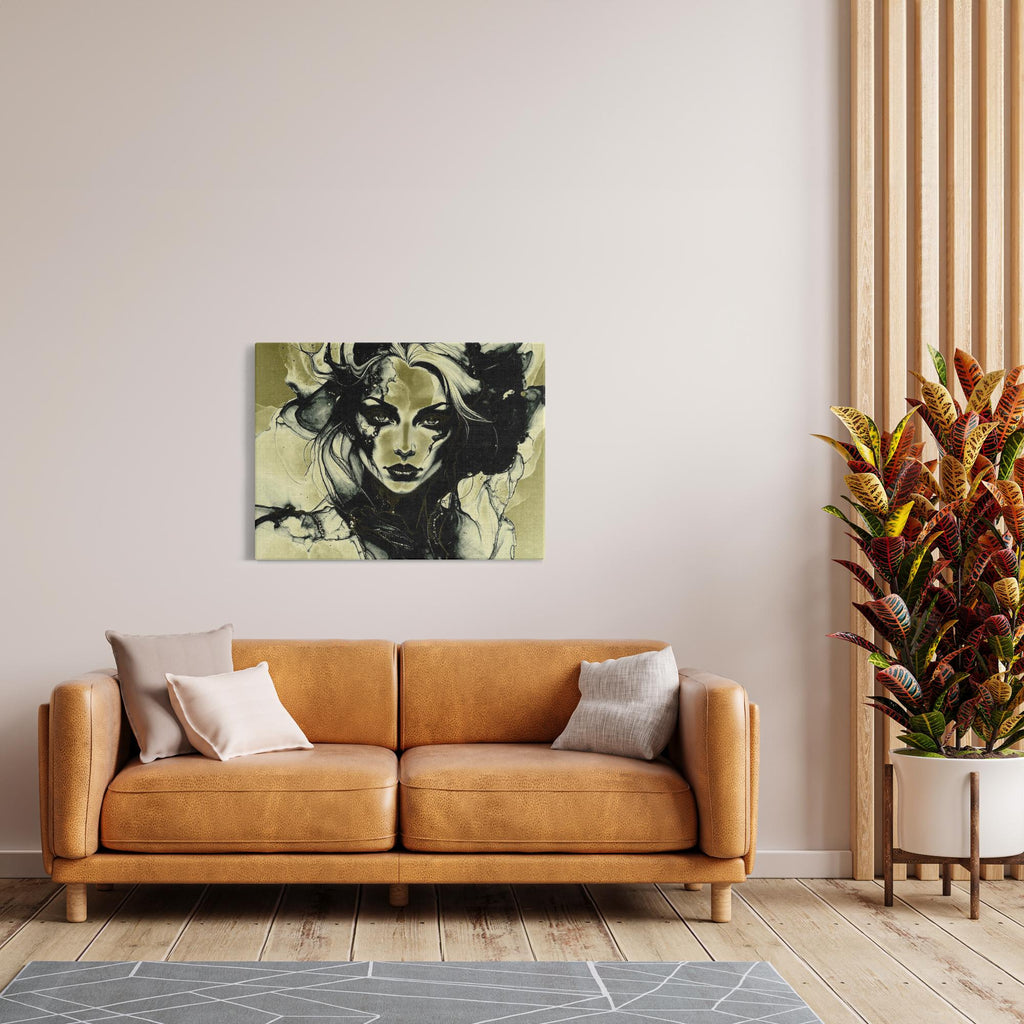  Rival modern art print - Muted olive and black palette with unflinching stare