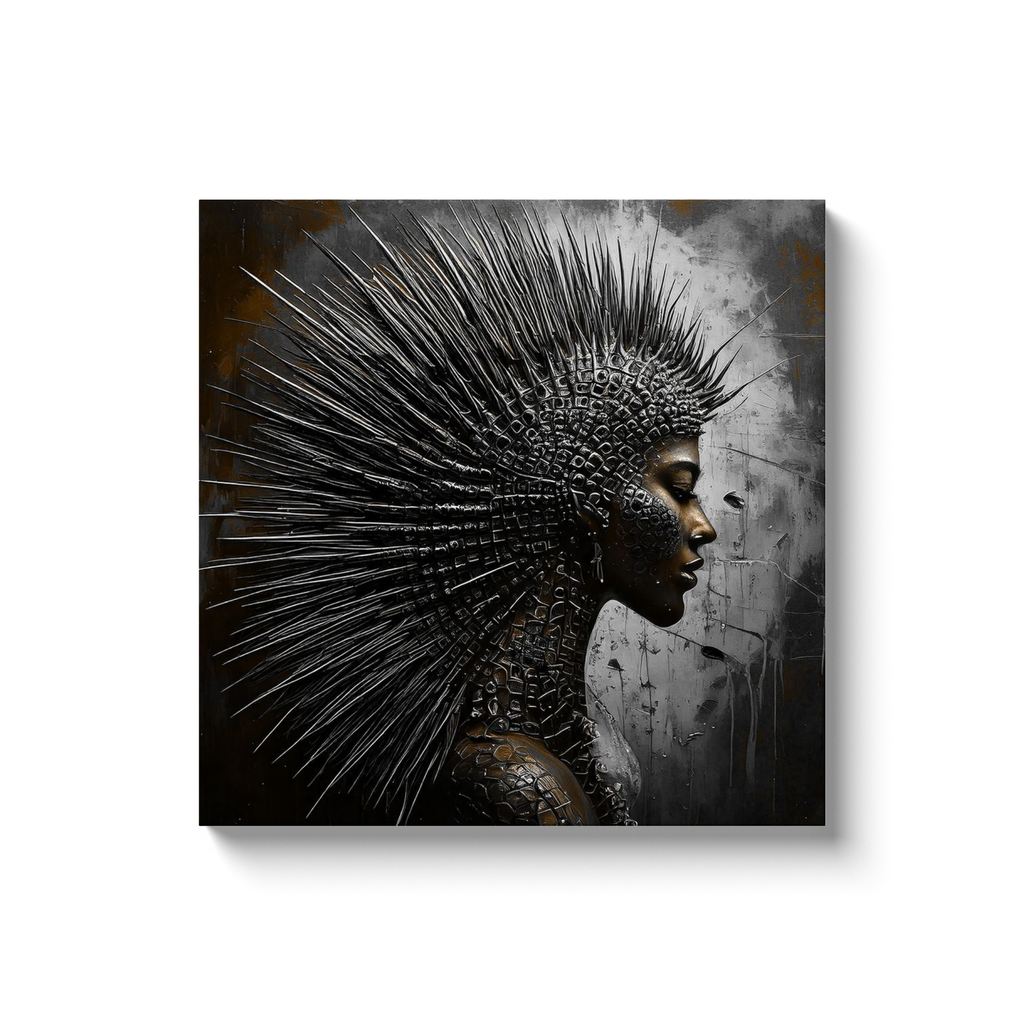 Figure covered in spike-like protrusions as protective defense - dark surreal contemporary canvas art