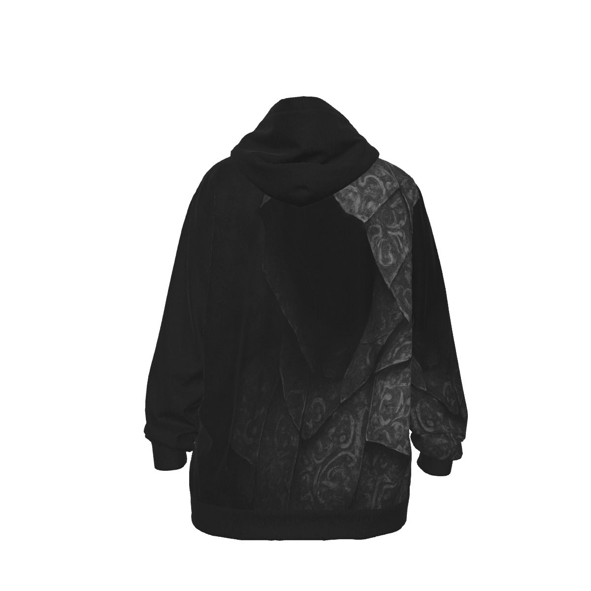 The Cloak of Lies hoodie – back view, full ornate cloak art print on black.