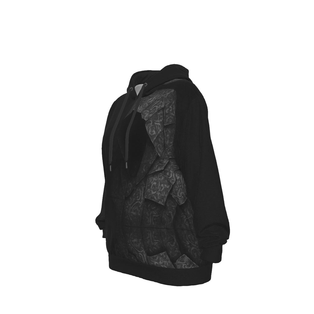 The Cloak of Lies hoodie – angled left view showing detail of the ornate cloak design.