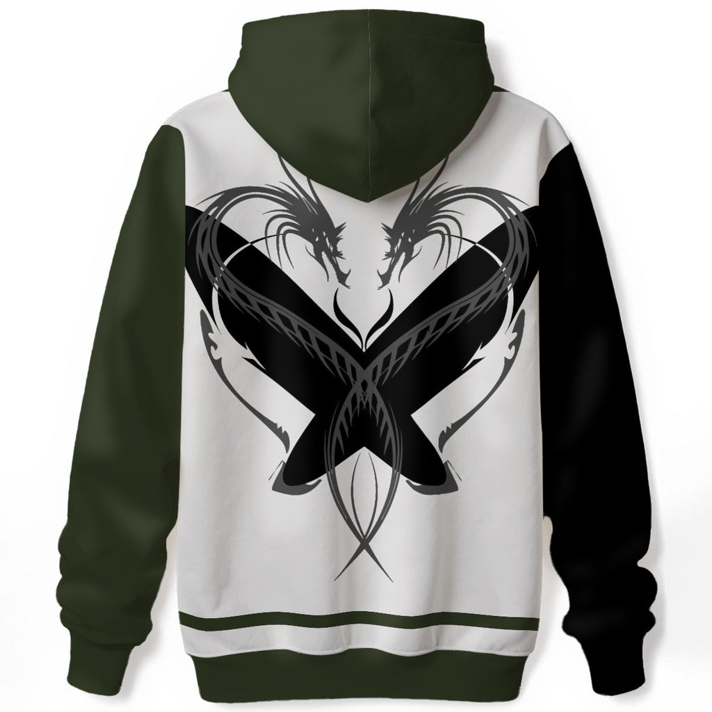 Symmetrical dragon design forming heart shape with sharp angular geometry on olive and black hoodie