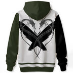 Symmetrical dragon design forming heart shape with sharp angular geometry on olive and black hoodie