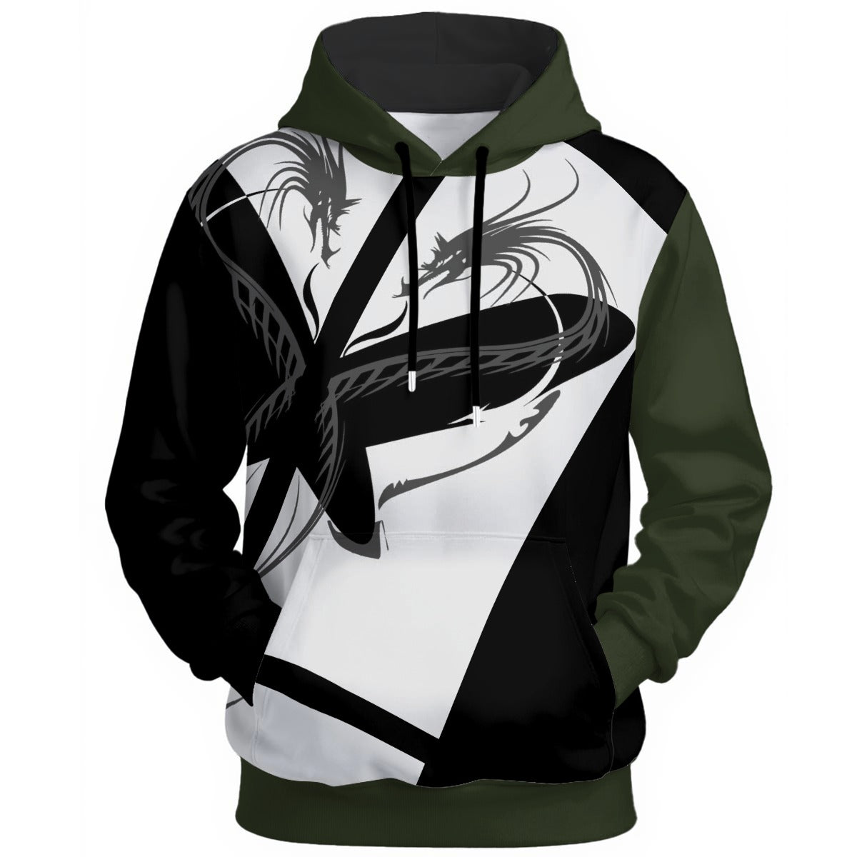 Mirrored dragon forms in geometric black and white design with olive accents on statement hoodie