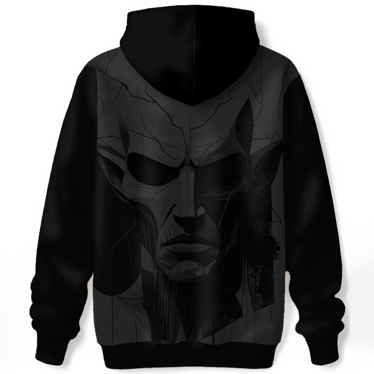 Dark cracked skull with fragmented porcelain texture and deep shadows on black hoodie
