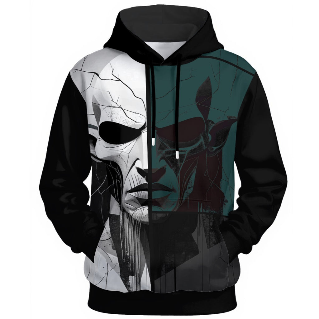 Split design with cracked white porcelain skull and shadowed figure in teal tones on black statement hoodie
