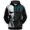 Split design with cracked white porcelain skull and shadowed figure in teal tones on black statement hoodie