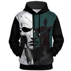 Split design with cracked white porcelain skull and shadowed figure in teal tones on black statement hoodie