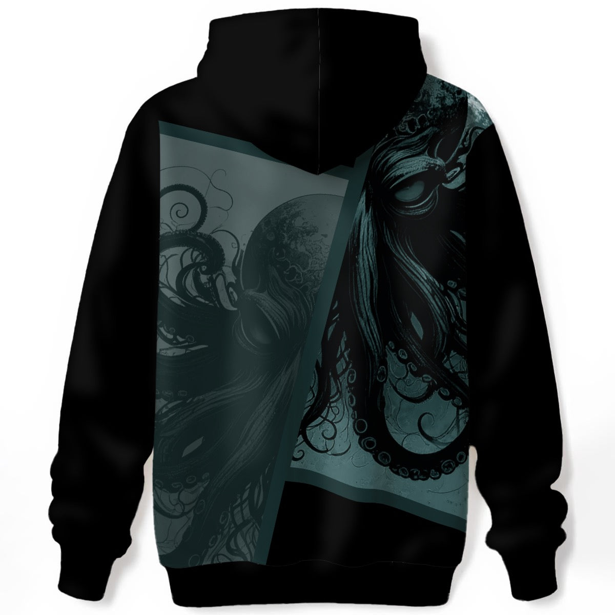 Detailed kraken tentacles with swirling ocean depth design on black hoodie