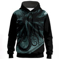 Dark oceanic creature with flowing tentacles in deep teal and black tones on statement hoodie
