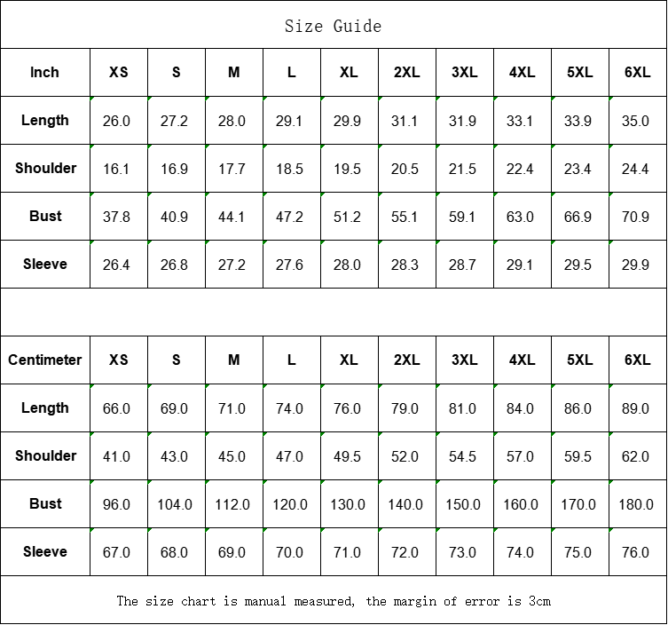 Hoodie size chart showing measurements for XS through 6XL including chest width, body length, and sleeve length