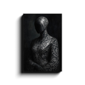 A dark figurative canvas, faceless form covered in ornate filigree and stonework detail.