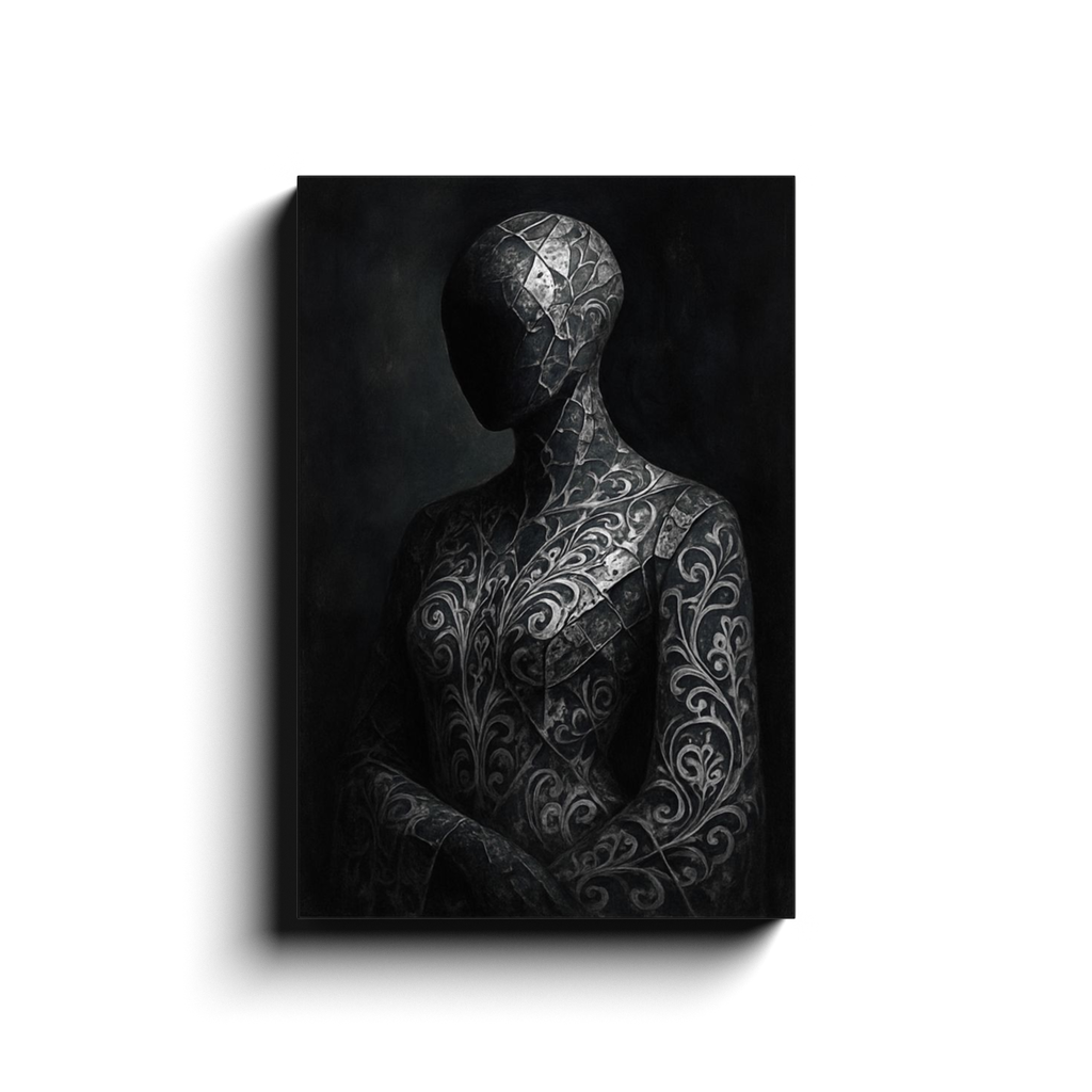 A dark figurative canvas, faceless form covered in ornate filigree and stonework detail.
