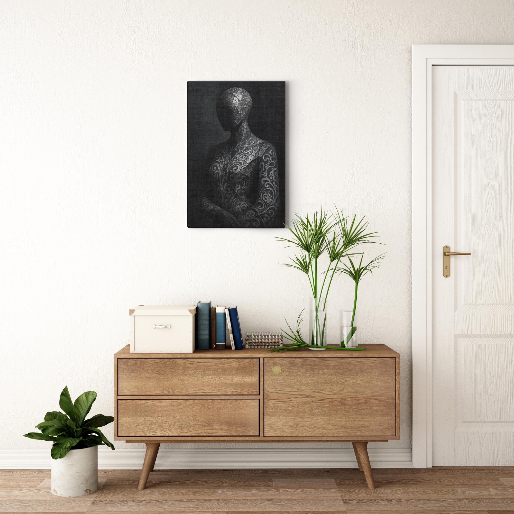 A canvas displayed above a cabinet — moody figurative wall art in a styled interior setting.