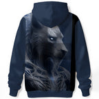 Detailed wolf head with flowing etched feather patterns on dark navy hoodie