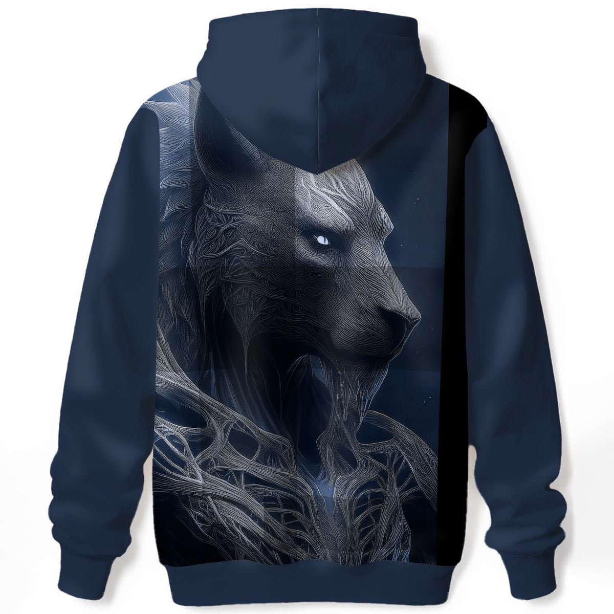 Detailed wolf head with flowing etched feather patterns on dark navy hoodie