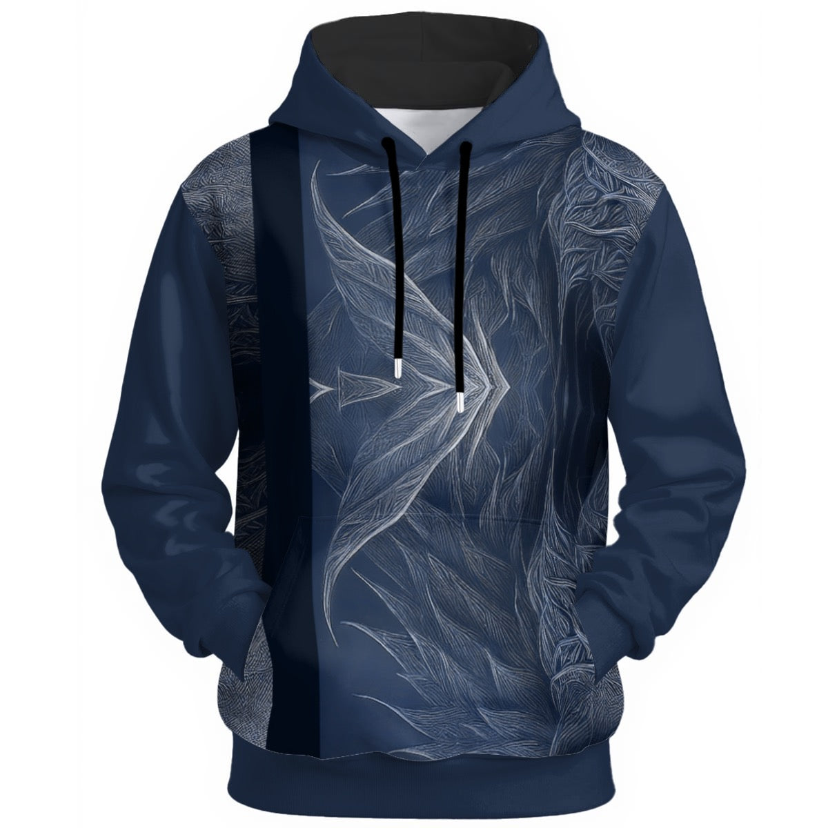 Etched wolf portrait with piercing blue eye and intricate line work on deep navy statement hoodie