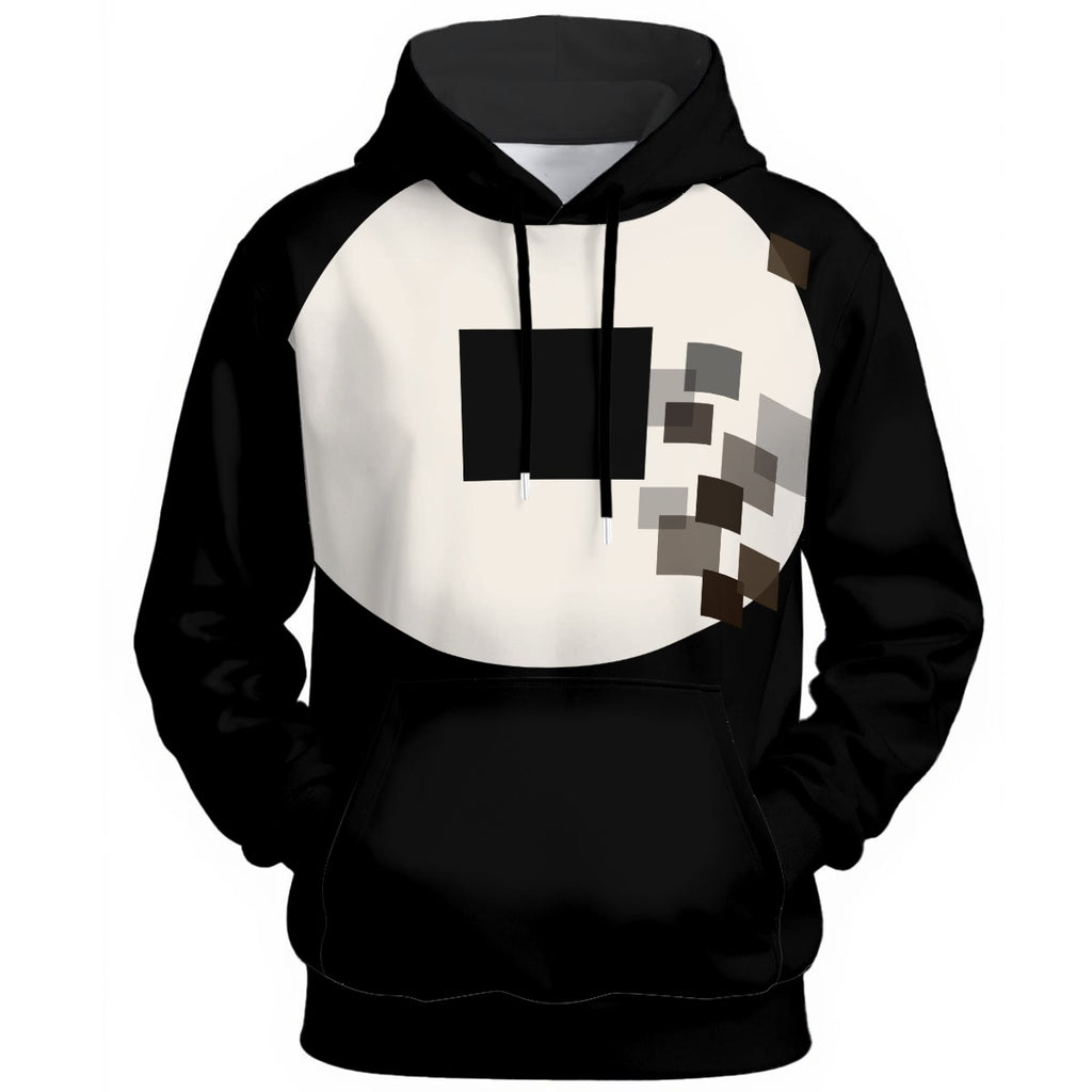 Minimalist white circle with black square and cascading pixelated blocks in monochrome and earth tones on statement hoodie