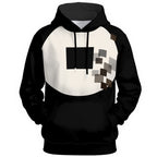 Minimalist white circle with black square and cascading pixelated blocks in monochrome and earth tones on statement hoodie