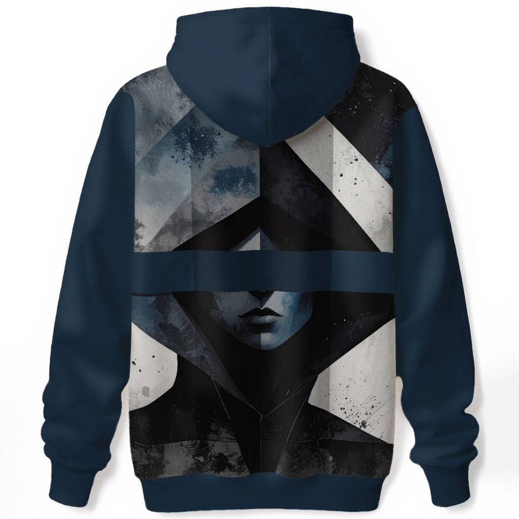 Abstract geometric face design with surveillance mood on dark blue hoodie
