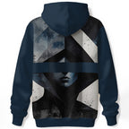 Abstract geometric face design with surveillance mood on dark blue hoodie