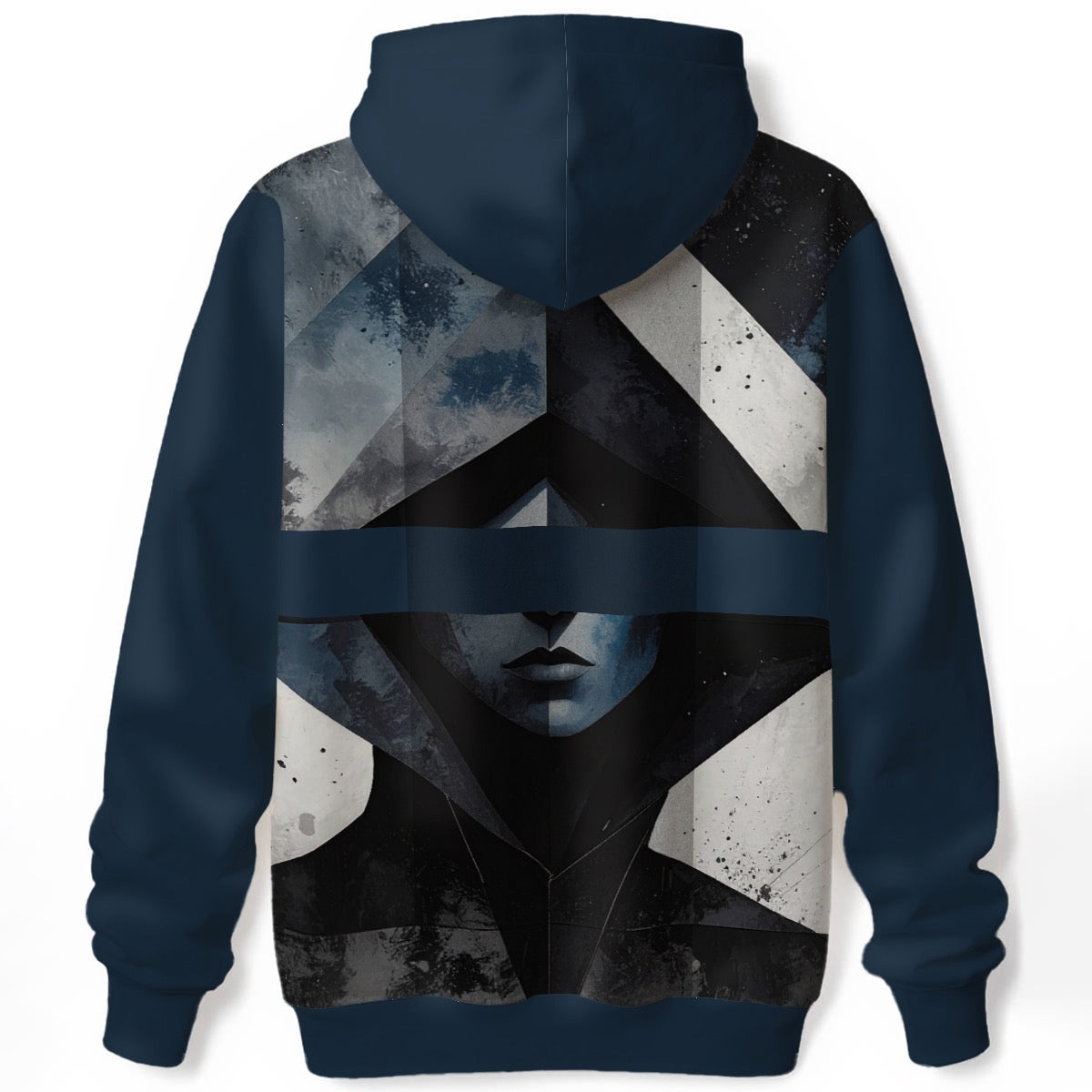 Abstract geometric face design with surveillance mood on dark blue hoodie