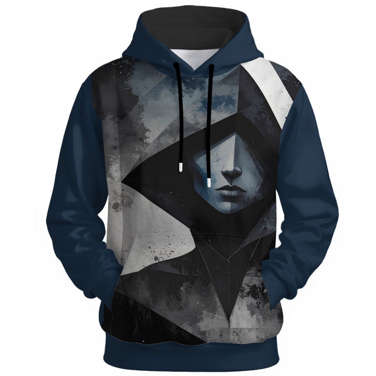 Geometric fragmented face with obscured features in moody blue-gray tones on statement hoodie