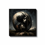  "A young woman with dark curly hair enclosed inside a large geometric sphere set in a dark decayed landscape"
