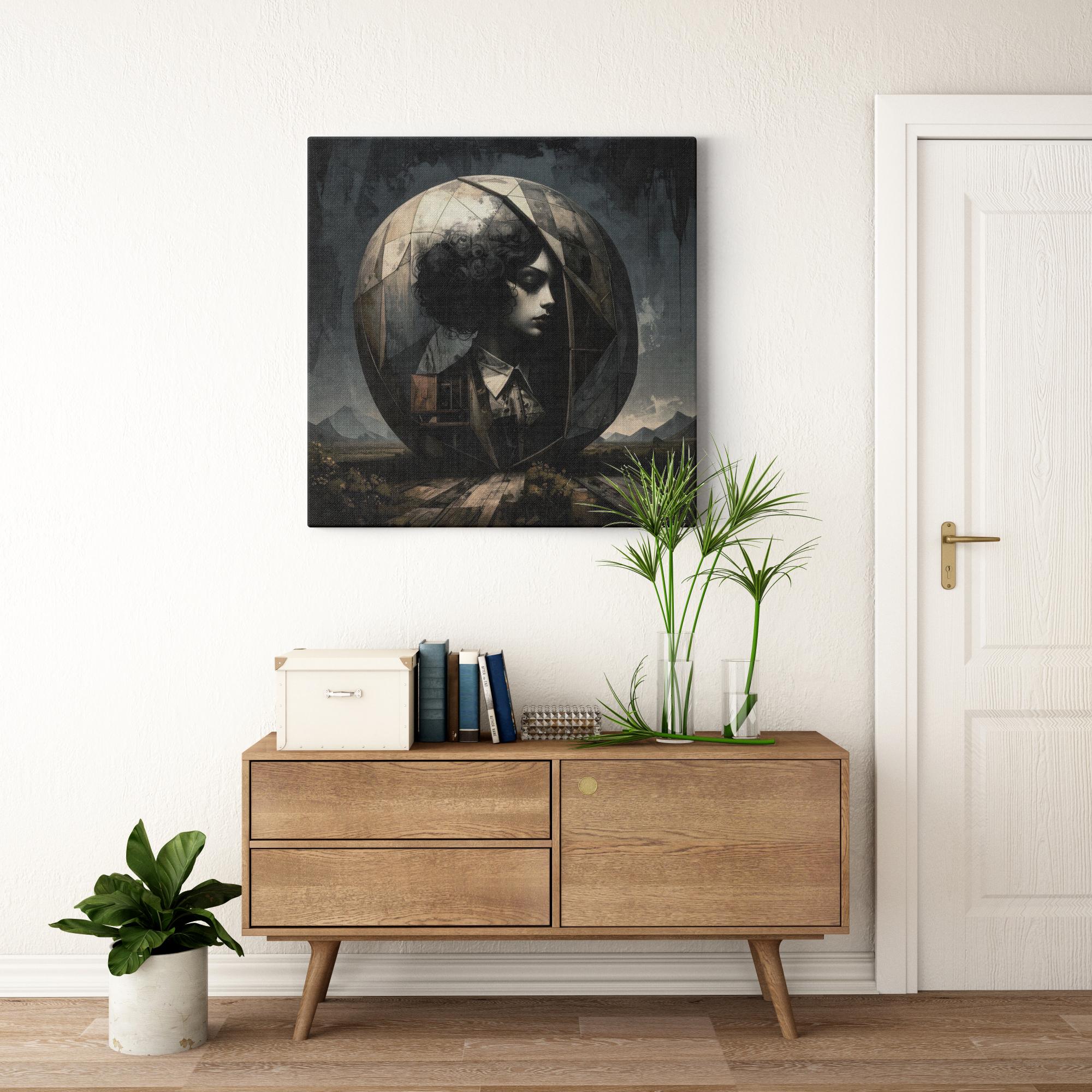"Time Traveler dark surrealist canvas art displayed above a cabinet"
