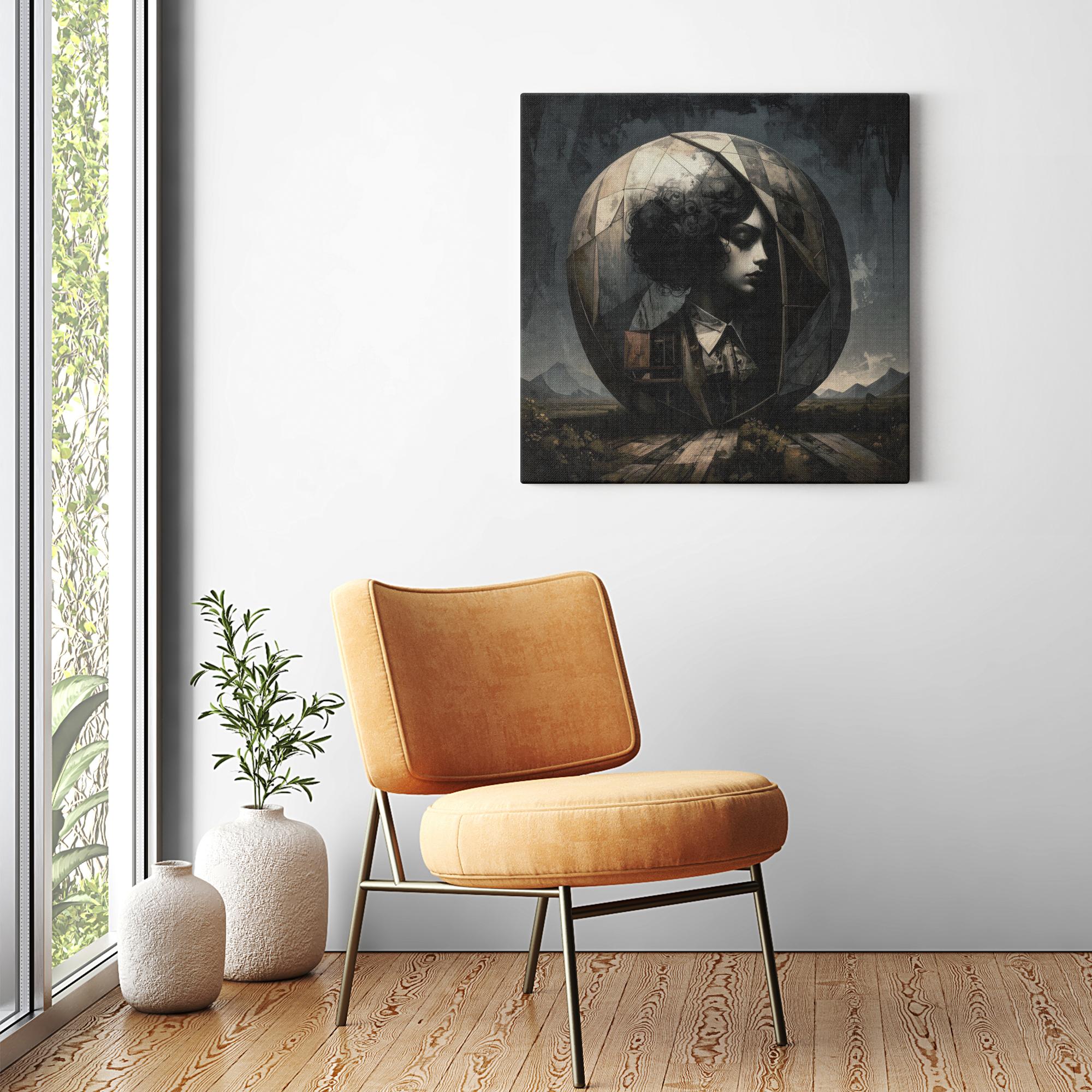 "Time Traveler dark surrealist canvas art displayed above a chair"
