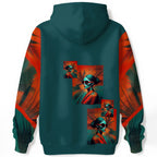 Teal and orange retro-futuristic figure design