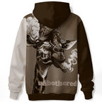 Detailed giraffe portrait with cigar and "unbothered" text on earth-tone hoodie