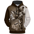 Giraffe smoking cigar with "0 FKS" crossed out text on brown and white statement hoodie