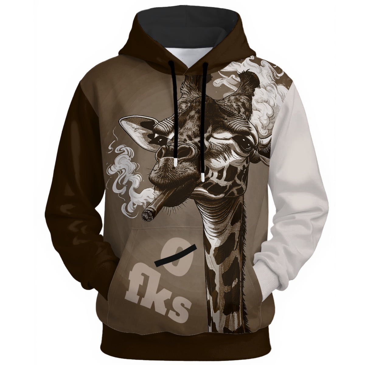 Giraffe smoking cigar with "0 FKS" crossed out text on brown and white statement hoodie