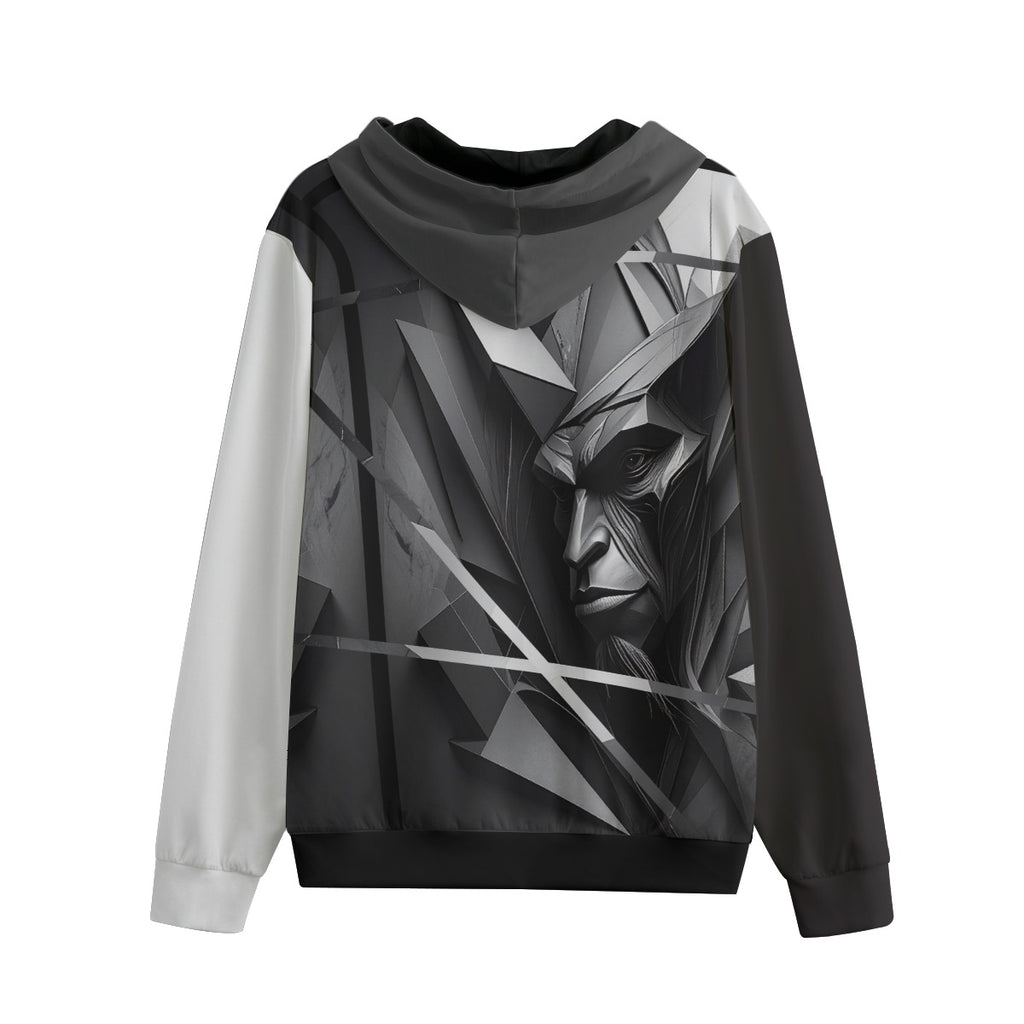 Fragmented gorilla portrait with sharp geometric lines on statement hoodie with black and white sleeves