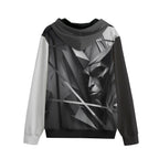Fragmented gorilla portrait with sharp geometric lines on statement hoodie with black and white sleeves
