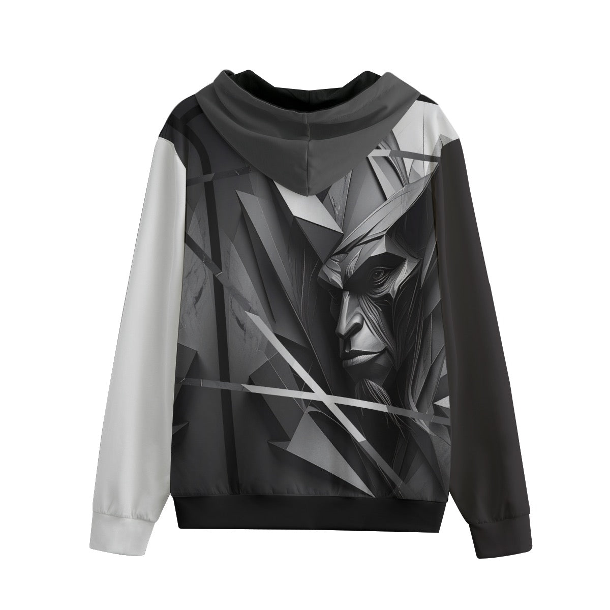 Fragmented gorilla portrait with sharp geometric lines on statement hoodie with black and white sleeves