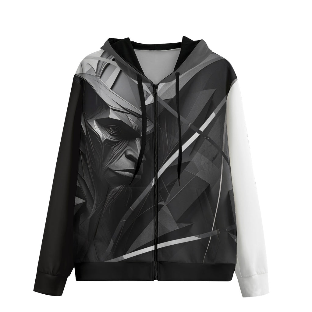 Gorilla face with geometric shards and angular fragments on monochrome hoodie with contrasting black and white sleeves
