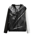 Gorilla face with geometric shards and angular fragments on monochrome hoodie with contrasting black and white sleeves