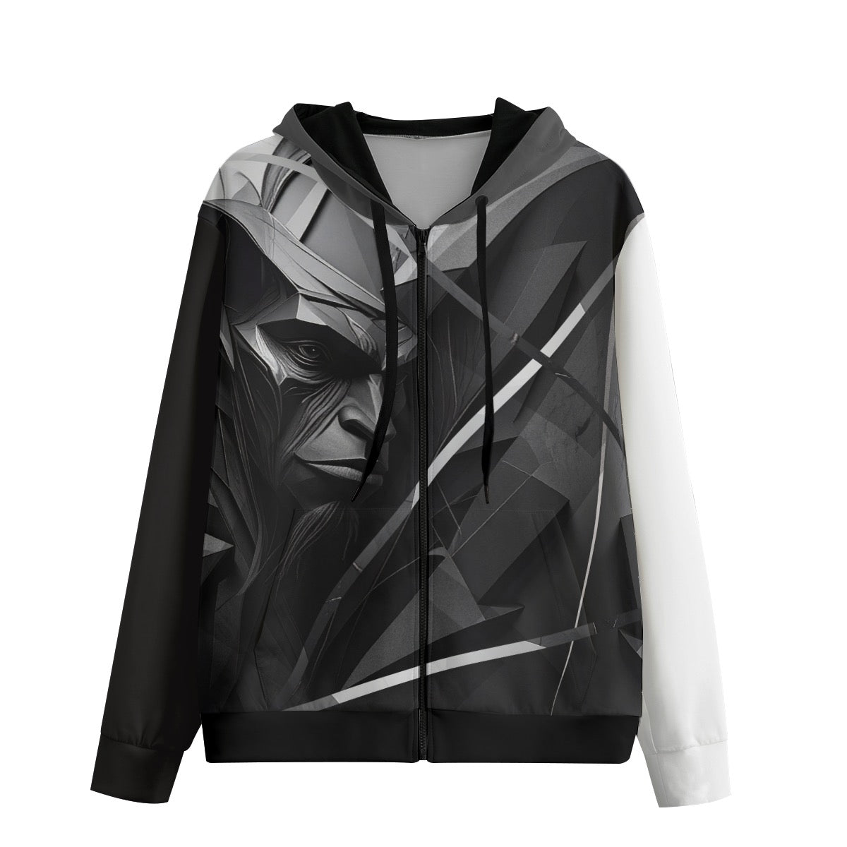 Gorilla face with geometric shards and angular fragments on monochrome hoodie with contrasting black and white sleeves