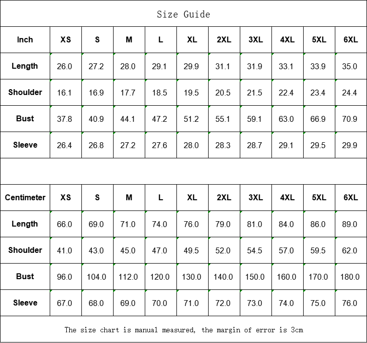 Hoodie size chart showing measurements for XS through 6XL including chest width, body length, and sleeve length