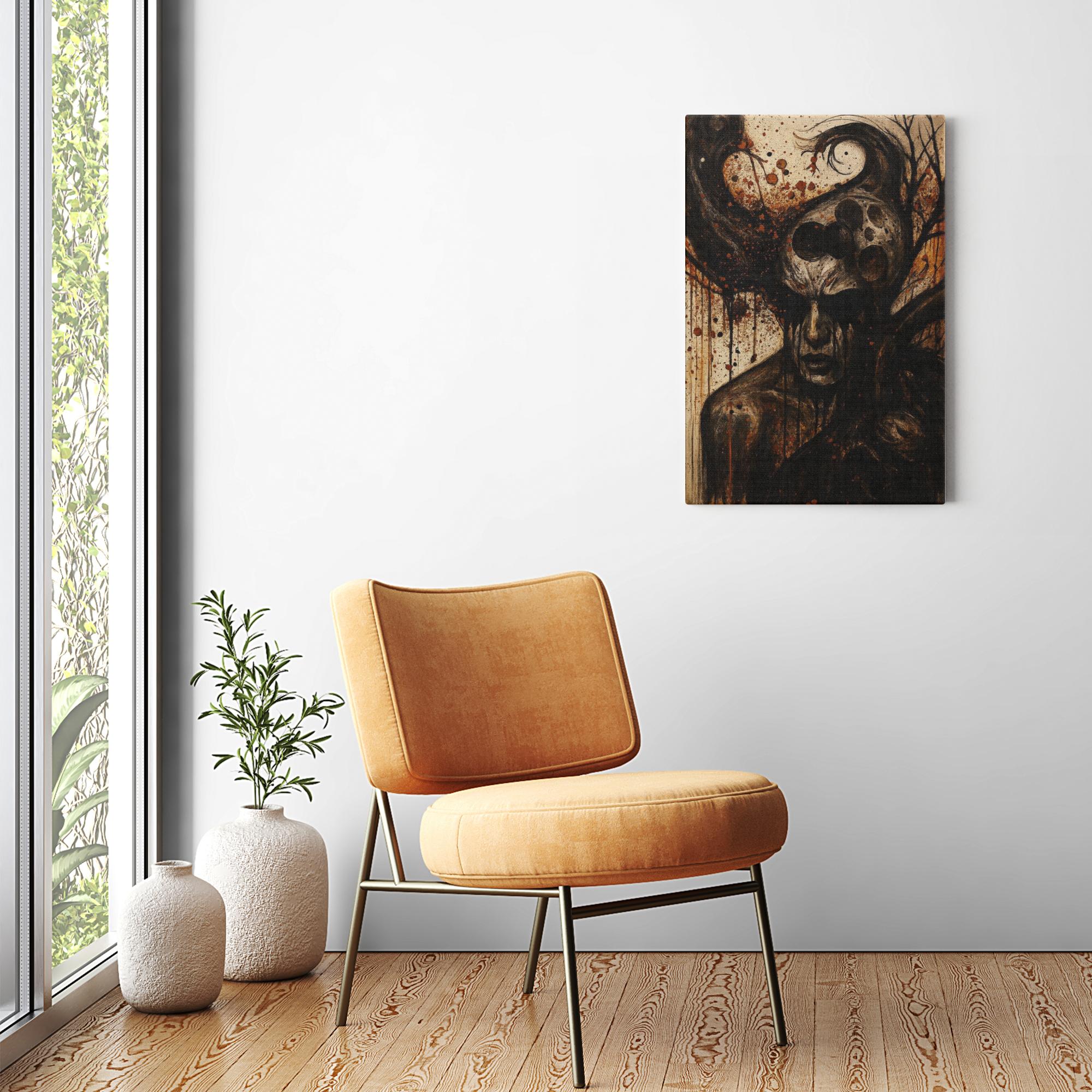 Image 2 (over chair): Psychological canvas art displayed above a chair in a contemporary interior.