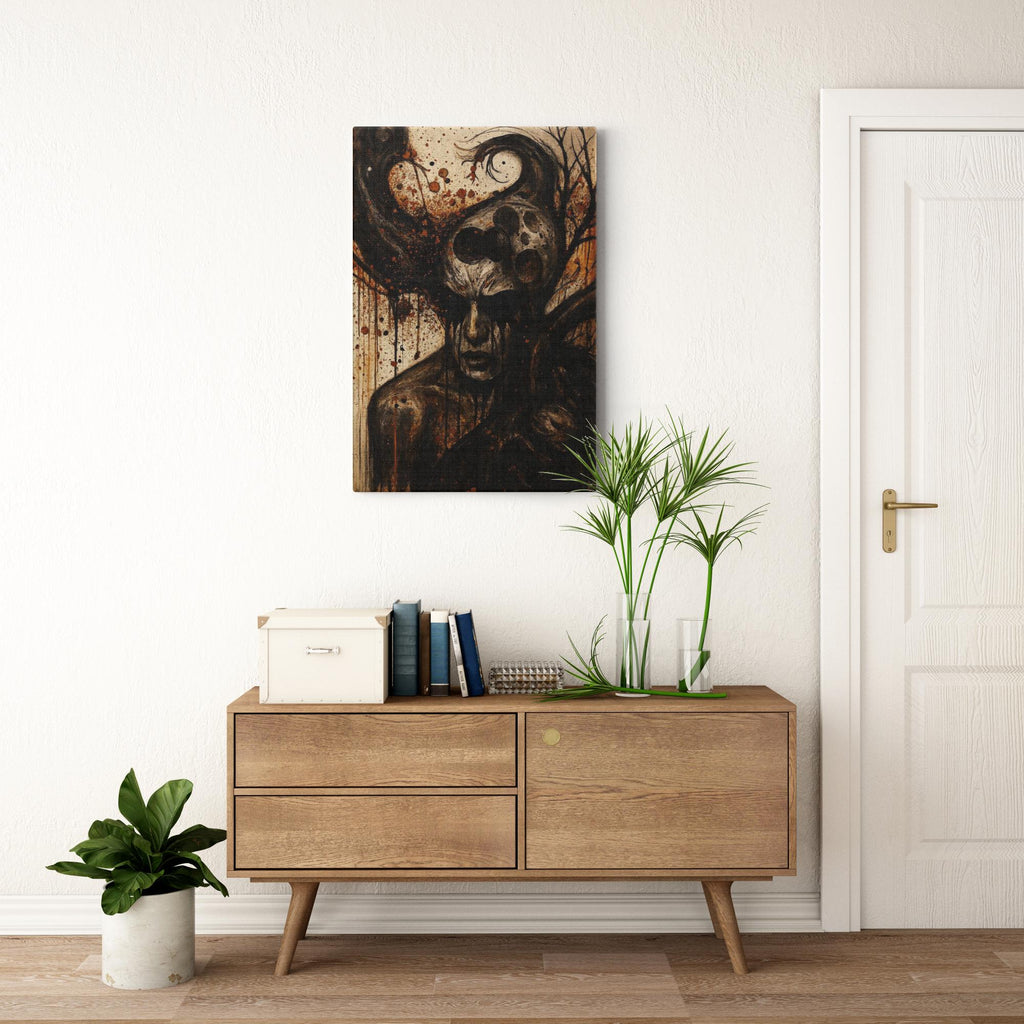 Figurative canvas art displayed above a cabinet in a modern living space
