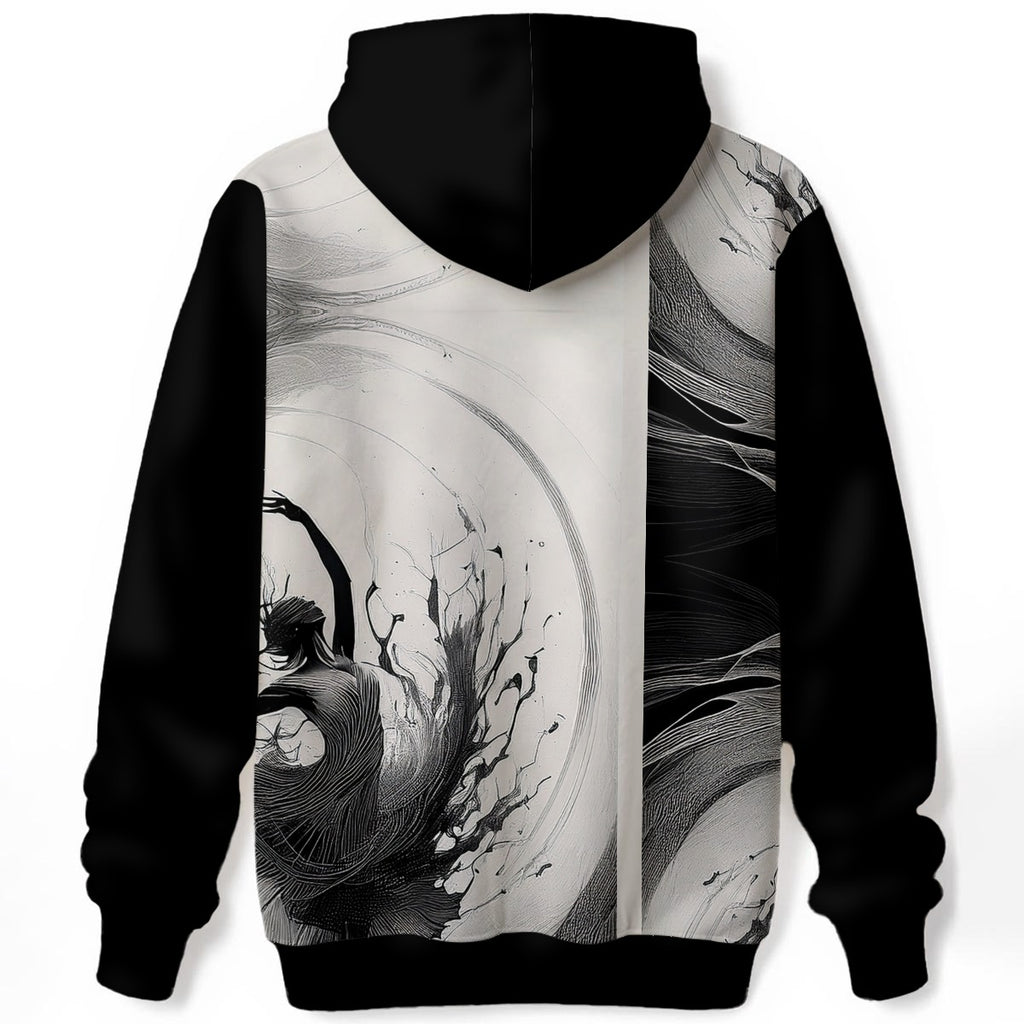 Organic wood grain ballet dancer design with birds in flight on monochrome statement hoodie